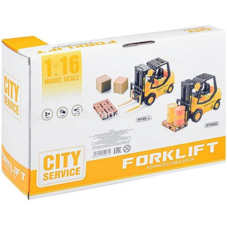 Погрузчик с ящиками и поддоном инерционный на батарейках, пластик 23х9,5х13,5см (свет, звук) WY691A от магазина "Карандаш"