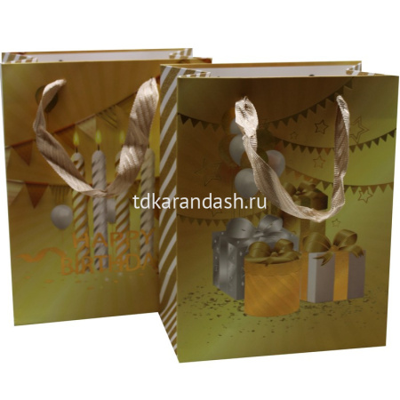 Пакет подарочный "С Днем рождения" золото 32х26х12см 4 вида 11558-24 от магазина "Карандаш"