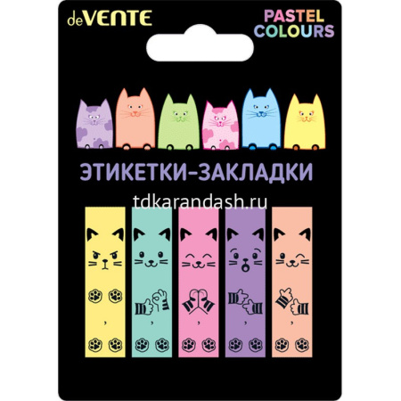 Клейкая закладка пластиковая 12х45мм 5цветов по 20л (100л) пастель "Cats" 5 дизайнов 2011108
