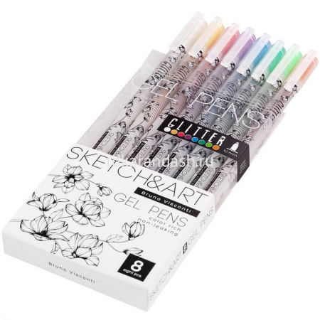 Набор гелевых ручек 8цв 1мм "Sketch&Art. Uni Write. Glitter" чернила с блестками, корпус Soft Touch от магазина "Карандаш"