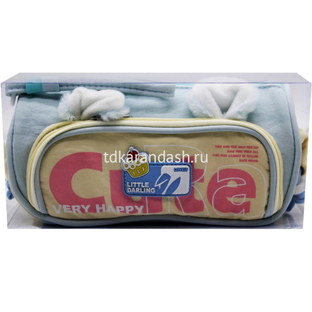 Пенал "Cute с ушками" 21х9х8см, круглый, 1 отделение,3 кармана, текстиль, с ручкой, голубой BD5391 от магазина "Карандаш"
