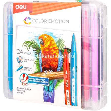 Фломастеры 24 цвета "Color Emotion" двусторонние (кисть, игловидный), в пластиковом пенале EC151-24