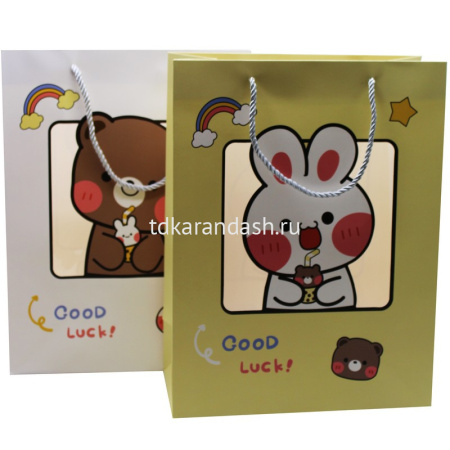 Пакет подарочный "Good luck" 19,5х24,5х9,5см с прозрачным окном 3 цвета 11449-24 от магазина "Карандаш"