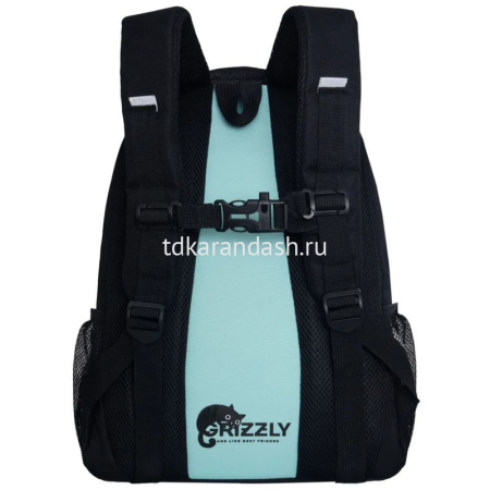 Рюкзак 30х39х20см, 760гр, 3 отделения, 4 кармана, черный/мятный, с брелком RG-562-2/1 от магазина "Карандаш"