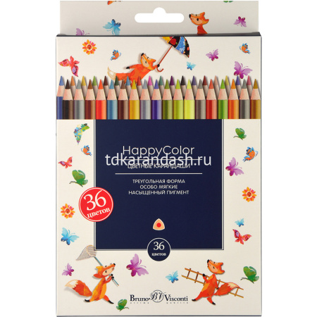 Карандаши 36 цветов "HappyColor" трехгранные дерево, картон 30-0058