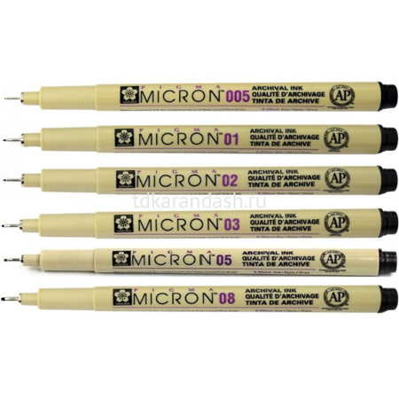 Набор капиллярных ручек 7шт "Pigma Micron" (0,2мм,0,25мм,0,3мм,0,35мм,0,45мм,0,5мм)+Brush от магазина "Карандаш"