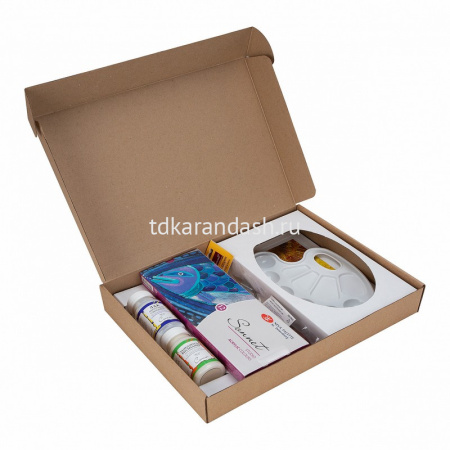 Краски акриловые 12 цветов "Сонет" 10мл туба (палитра, замедлитель, холст, 2 кисти, мастихин) от магазина "Карандаш"