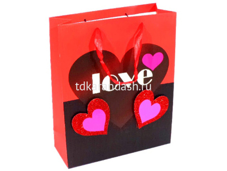 Пакет подарочный "Сердца" 26х32х10см 4 цвета (плотный картон) Y184-13
