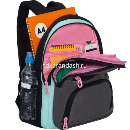 Рюкзак 30х39х20см, 760гр, 3 отделения, 4 кармана, черный/мятный, с брелком RG-562-2/1 от магазина "Карандаш"