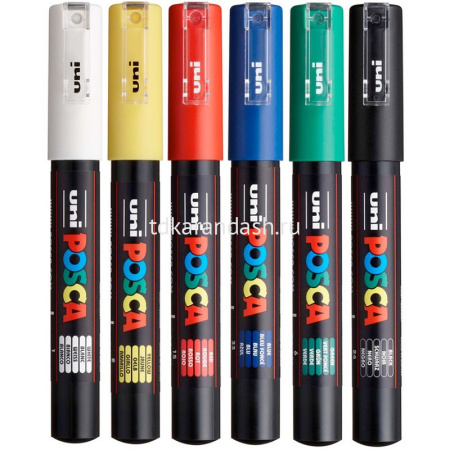 Набор маркеров перманентных "POSCA. PC-1M" 6шт, пулевидный наконечник, толщина линии 0,7мм от магазина "Карандаш"
