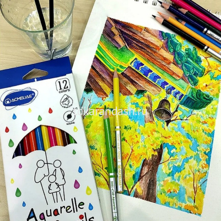 Карандаши акварельные 24 цвета "Acmeliae" с кисточкой круглые дерево, картон 9401-24 от магазина "Карандаш"